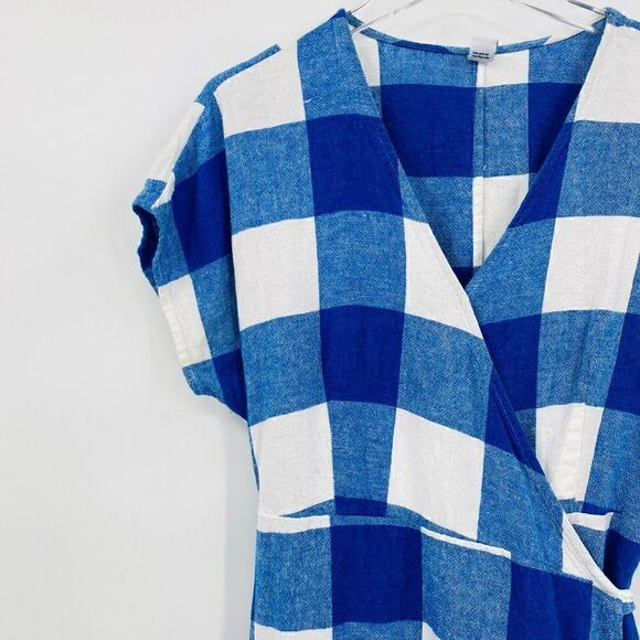 Old Navy Size Large Petite LP Blue & White Plaid Linen Summer Wrap Dress - Picture 8 of 14